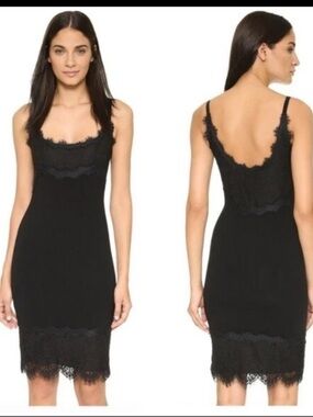Diane Von Furstenberg Sleek Black Lace Trim Slip Dress knee length designer 90’s